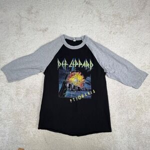 Def Leppard Pyromania Graphic Raglan Baseball Tee Black Grey 3/4 Sleeve Medium